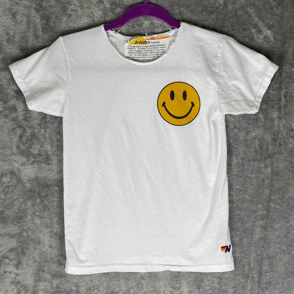 Aviator Nation Smiley Face T-Shirt Kids 12 White Good Graphic Tee Embroidered